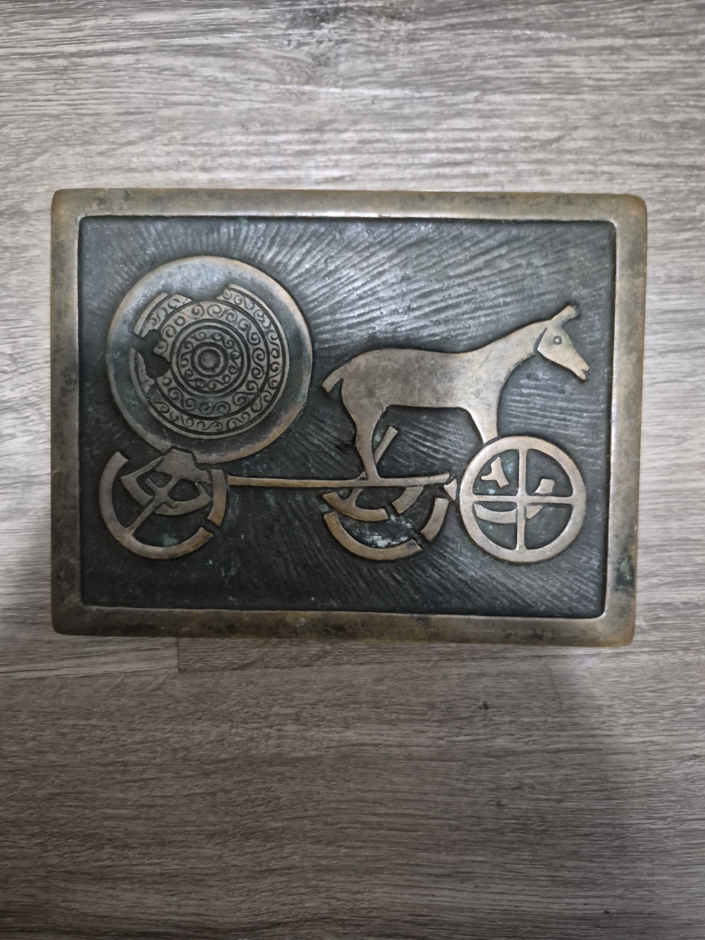 Decorative Brass Plaque with Horse and Chariot Motif - Antique Brass Finish